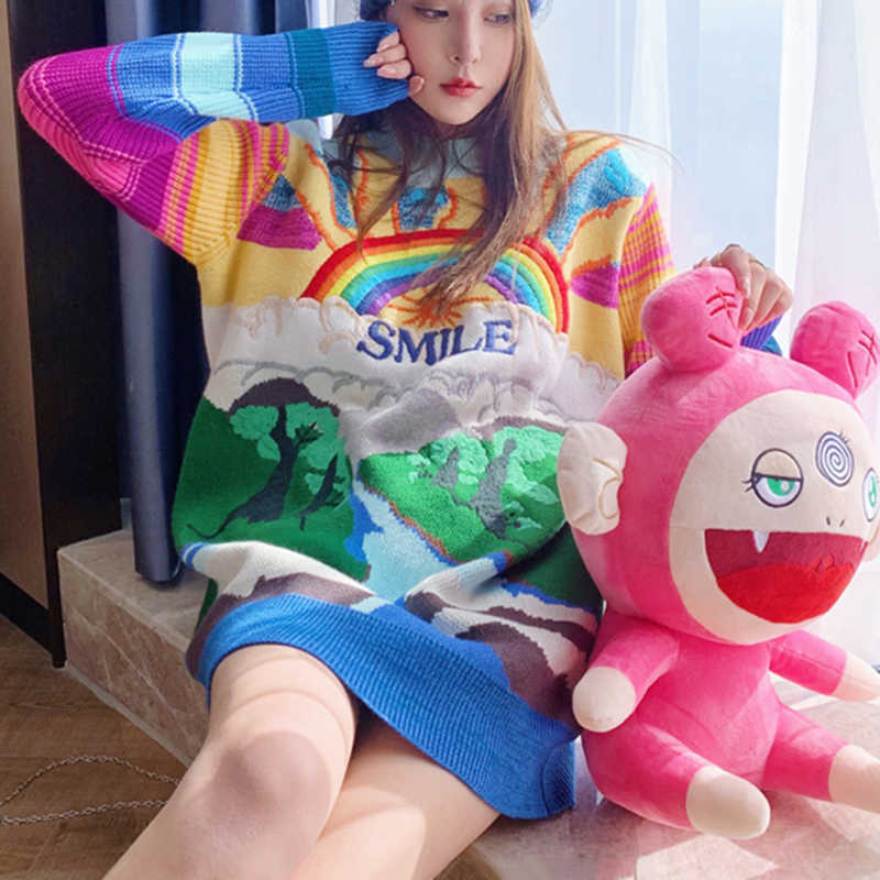 Oversized Sweater Women Fashion Rainbow Striped Embroidered Letters Knitted Pullovers Loose Casual Streetwear Tops C-237 211011Z
