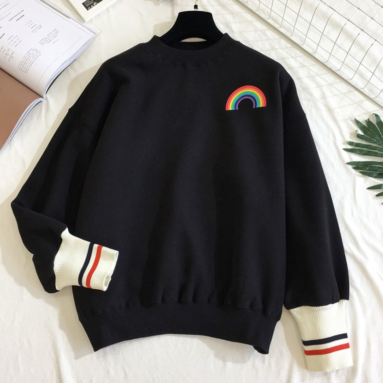 Woherb Korean Girls Kawaii Sweatshirt Rainbow Print Cute Hoodies Women Autumn Thin Harajuku Hoodie Crewneck Sweatshirts 201204