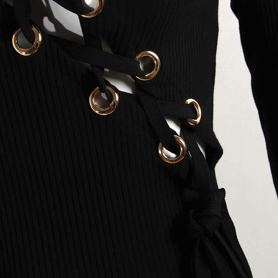 Fashion Black Long Dress Elegant Lace-out Hollow Bodycon Vestidos Sexy Sleeve Crew Neck Celebrity Party 210525