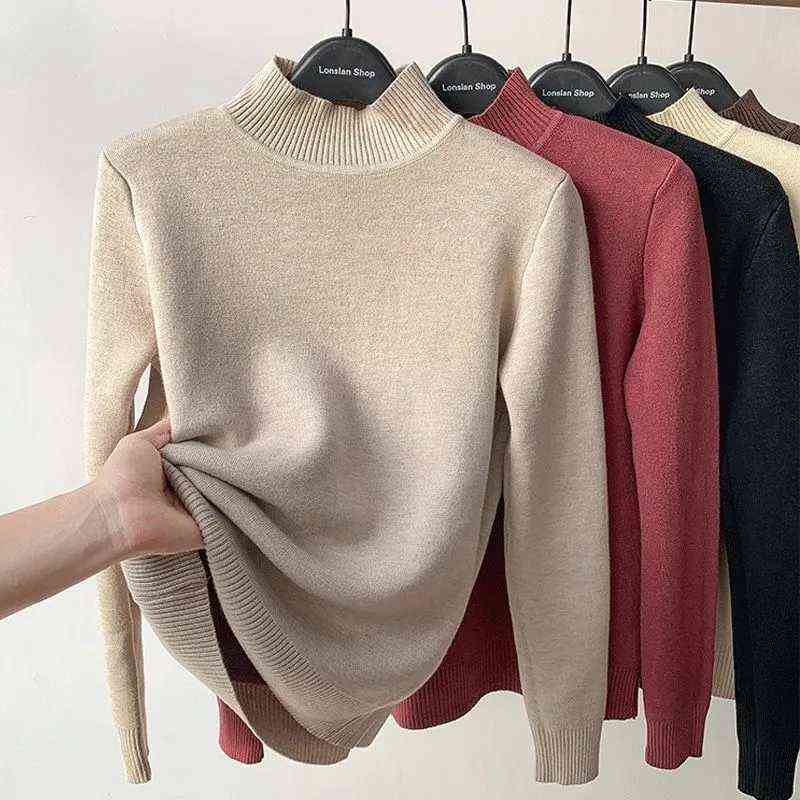 Korean Turtleneck Slim Knitted Pullovers Fashion Clothes Woman Winter Sweater Casual Fleece Lined Warm Knitwear Base Shirt 211123wtt