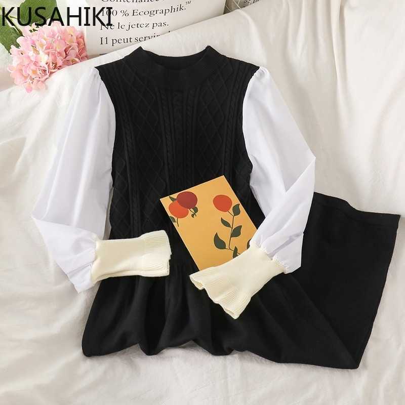 Knitted Dresses Korean Hit Color Puff Sleeve Patchwork Vestidos High Waist A-line Women Midi Sweater Dress 6E679 210603, Black
Knitted Dresses Korean Hit Color Puff Sleeve Patchwork Vestidos High Waist A-line Women Midi Sweater Dress 6E679 210603, Black