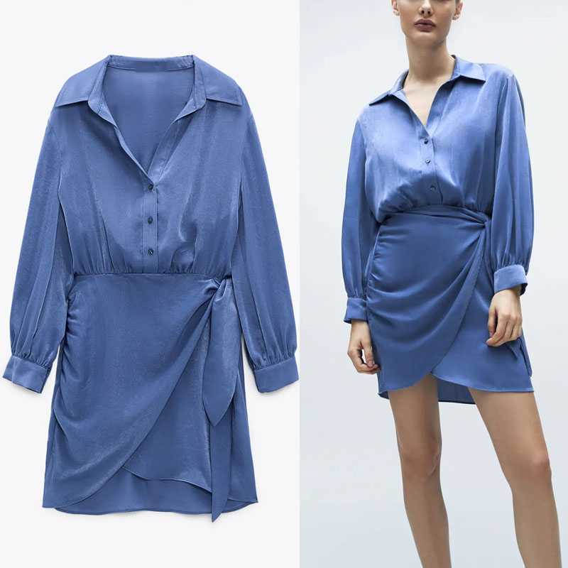 Sexy Shirt Dres Turn-Down Collar Long Sleeve Irregular Button Party Mini es Holiday Purple Satin Shirts 210623