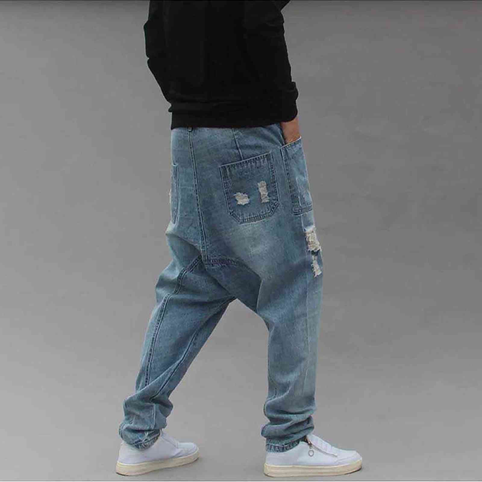 Distressed Streetwear Ripped Harem Jeans Men Casual Loose Baggy Trousers Hip Dropcrotch Denim Pants Male Clothes Big Size 211111