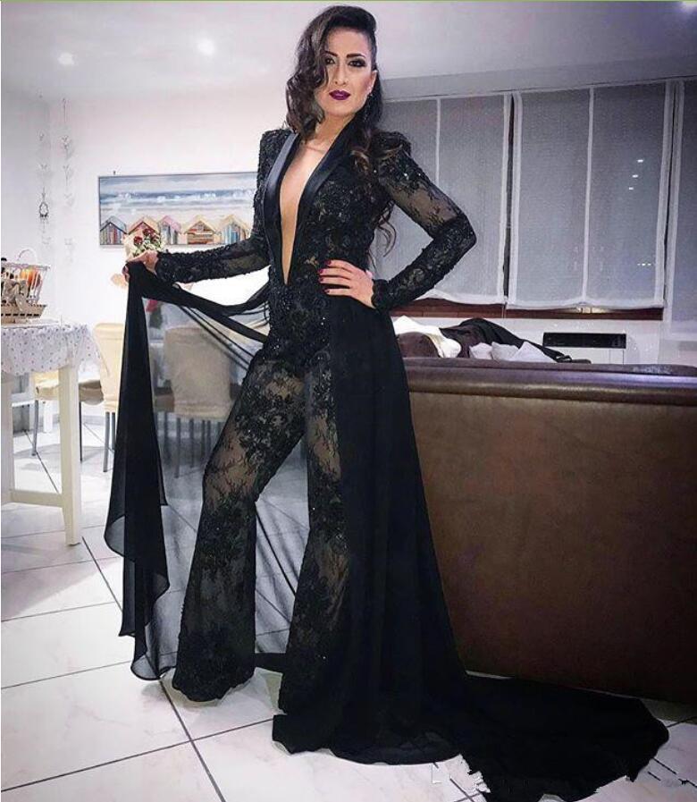 Sexy Deep V Neck Jumpsuit Evening Dresses with Detachable Train Lace Appliqued Beaded Black Formal Party Gowns Prom Dress Pants Suits