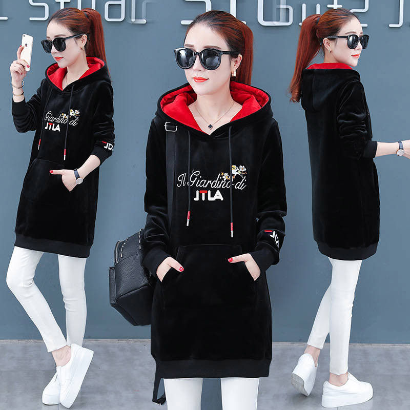 3XL plus size long sleeve velvet thicked long-lenght hoodie coat women sportwear autumn winter pullovers pocket weatshirt 201102