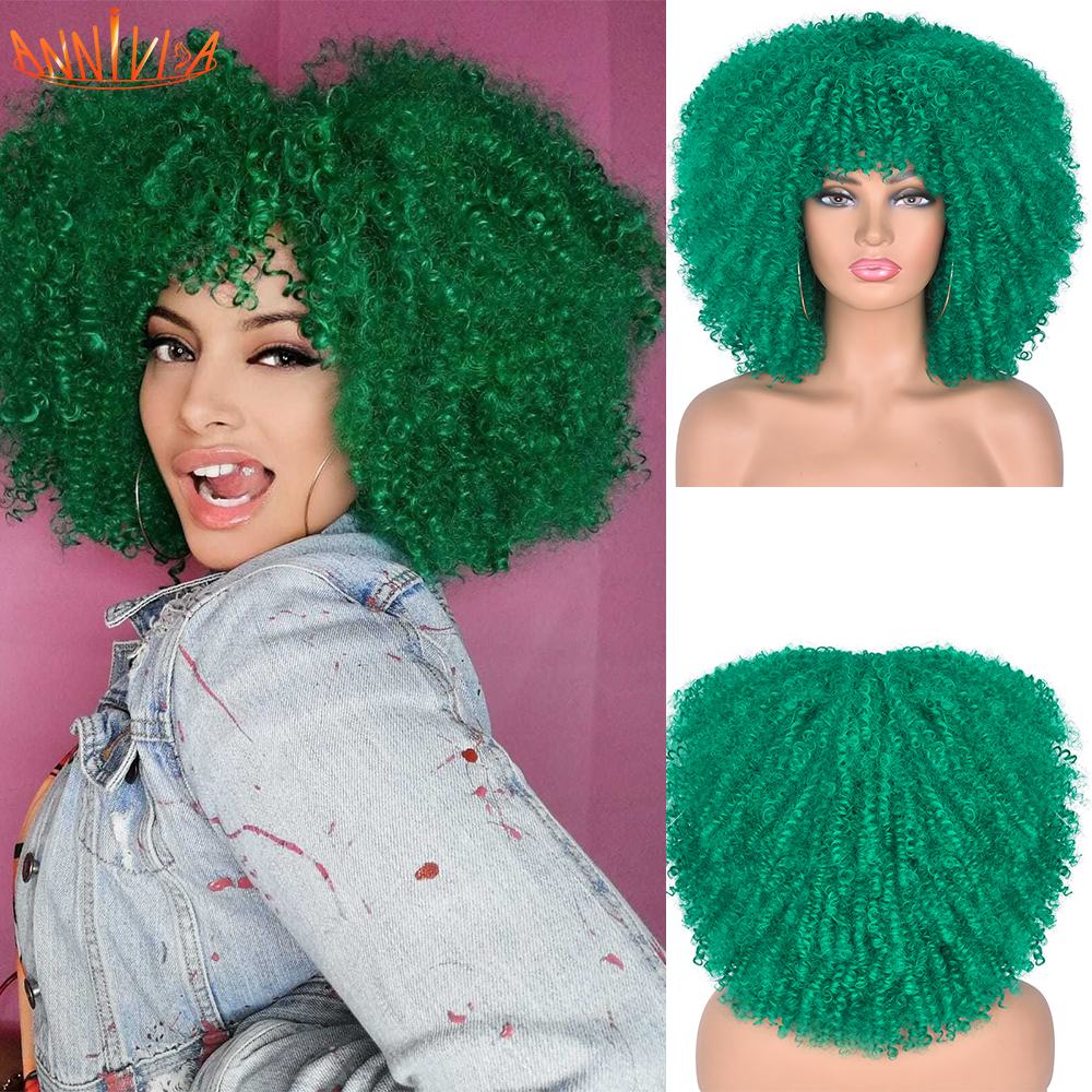 Short Hair Afro Kinky Curly Wig With Bangs For Black Women African Synthetic Ombre Glueless Cosplay Wigs 14 Anniviafactory direct