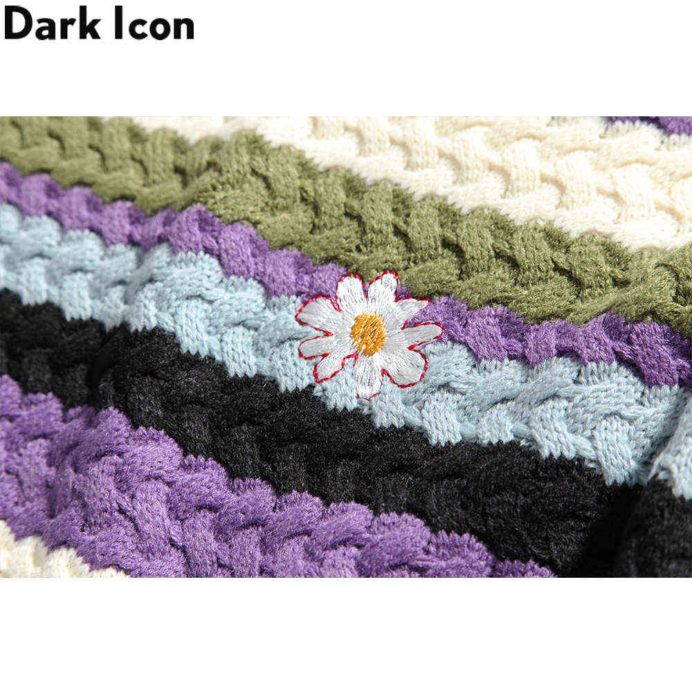 Striped Floral Embroidery Men's Sweater Students Boy Girl Sweaters Preppy Style Couple Sweater 210603