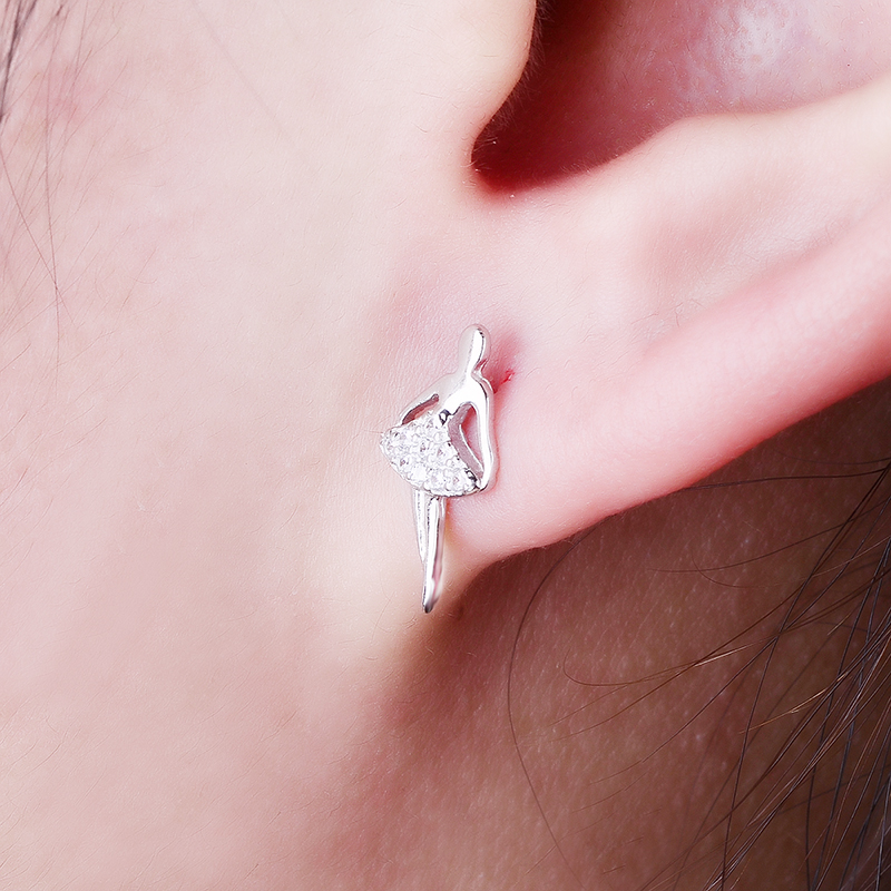 Authentic 925 Sterling Silver Pink CZ Dancing Girl Stud Earrings for Women Girls Fine Jewelry Gift Moda Bijoux