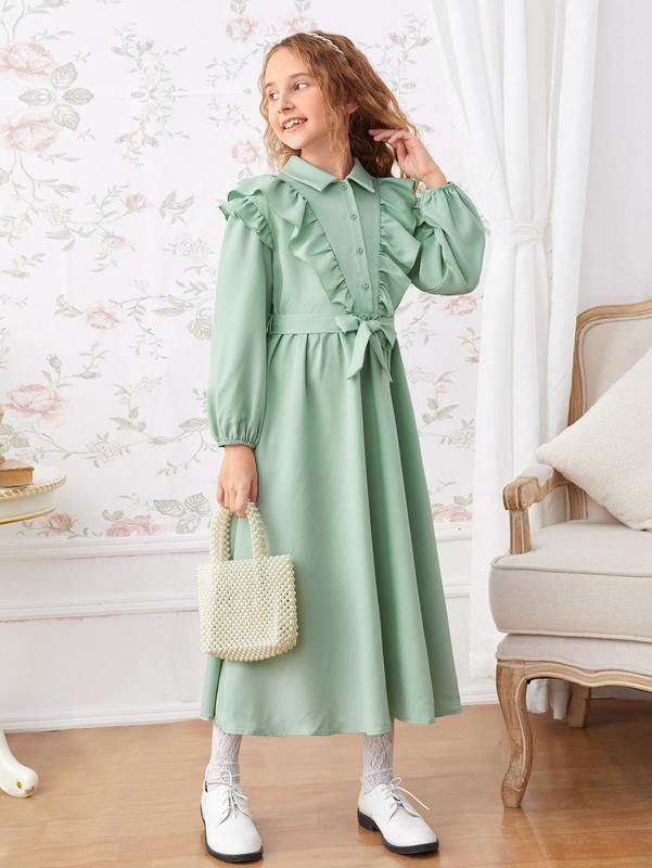 Girls Bishop Sleeve Ruffle Trim Belted Dress SHE