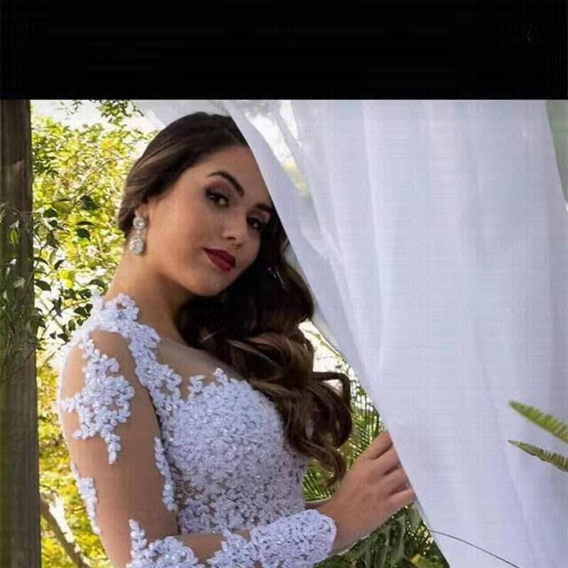 Modern White A Line Wedding Dresses Lace Long Sleeves Bridal Gowns Chapel Train Illusion Back Zipper Arabic Dubai Garden Cathedral Tulle Bride Dress 2