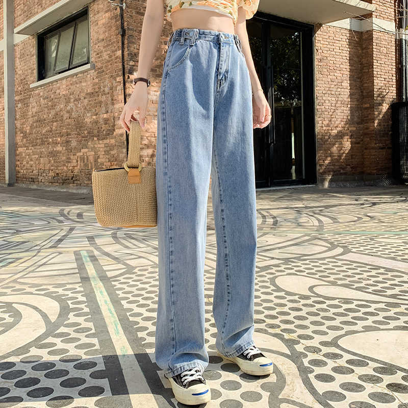 Straight high waist jeans woman denim pants Full Length trousers clothing plus size black korean fashion streetwear 210809