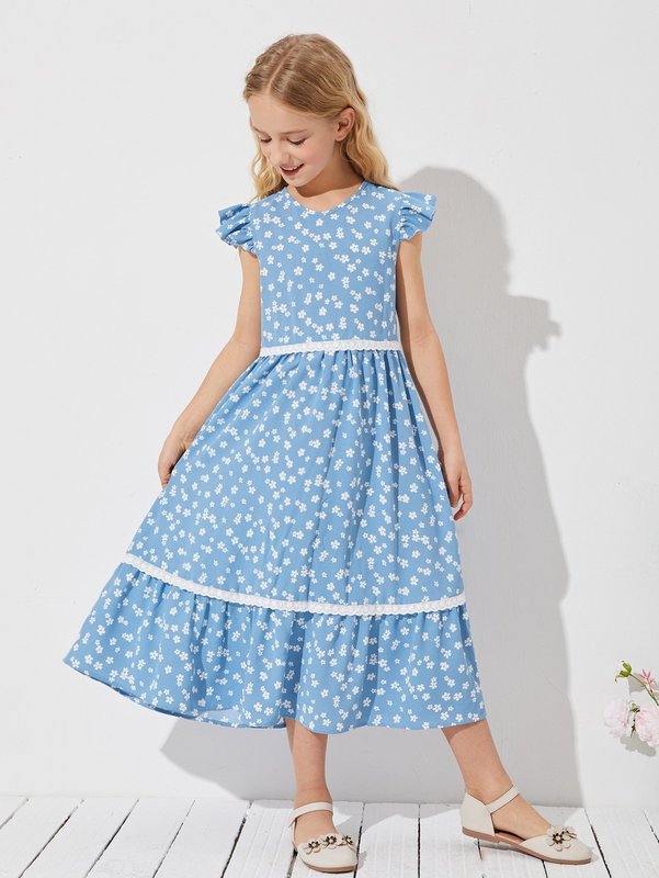 Girls Ruffle Trim Schiffy Detail Floral Dress SHE