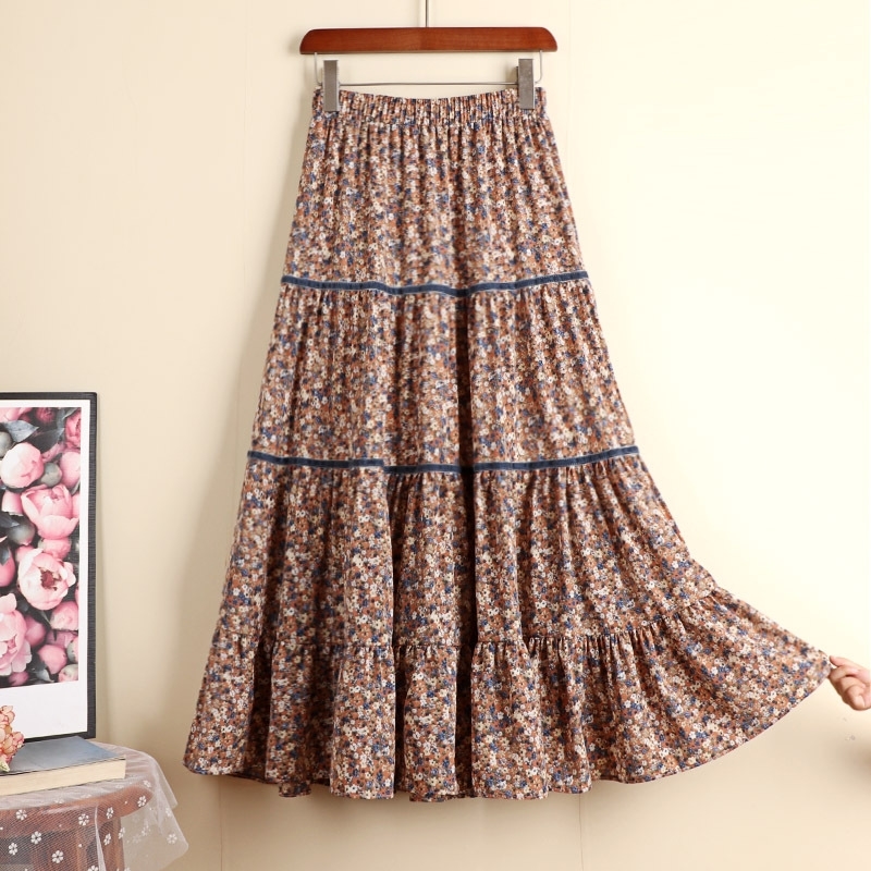 Autumn & Winter Arrival Korean Style Floral Print Aline Skirt Stitching Chiffon Skirt Velvet Skirt 210306