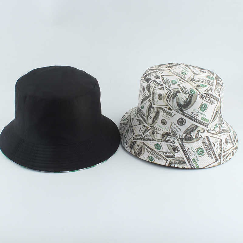 New Dollar Print Fishing Cap Bob Chapeau Femme Reversible Bucket Hat Men Fishing Bucket Hats for Women Harajuku Hip Hop Gorro Q0805