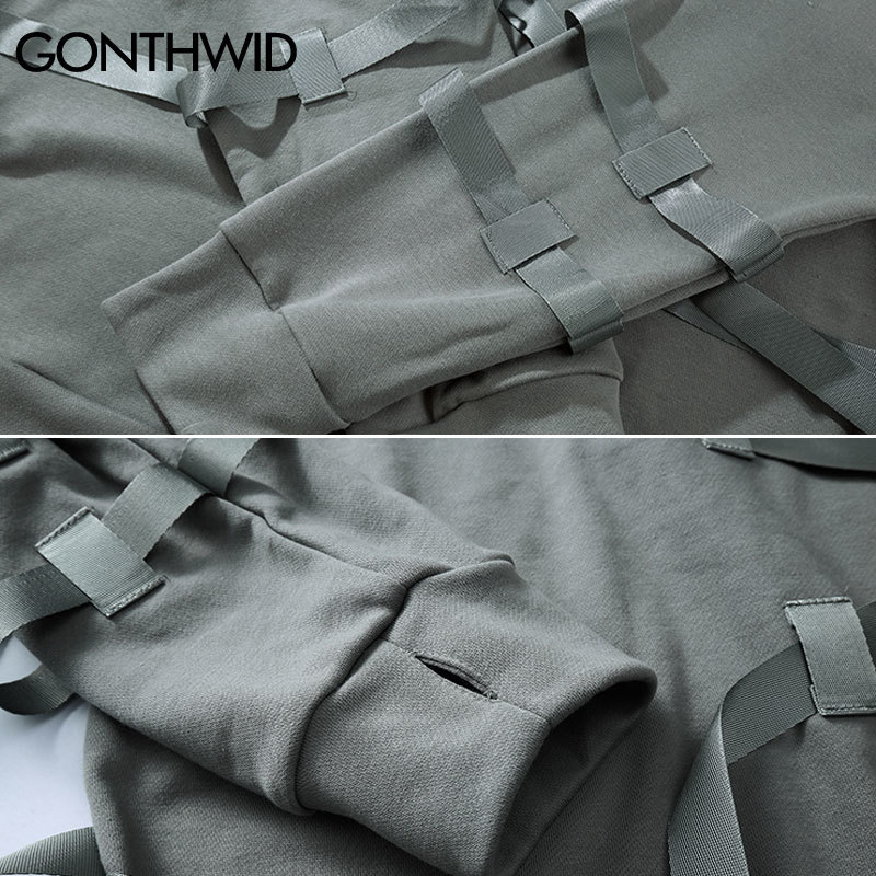 GONTHWID Ribbons Pullover Sweatshirts Hoodies Streetwear Men Hip Hop Punk Rock Solid Color Tops Hipster Fashion Casual Hoodie 201020
