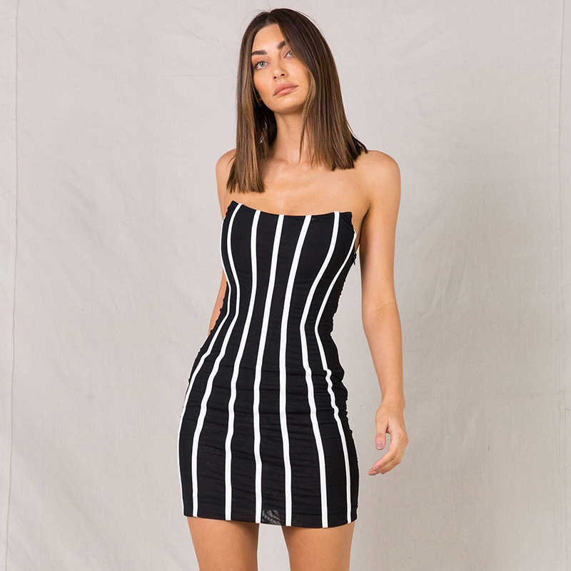 Chic White Striped Splicing Sexy Strapless Sleeveless Celebrity Party Bandage Mini Dresss 210527