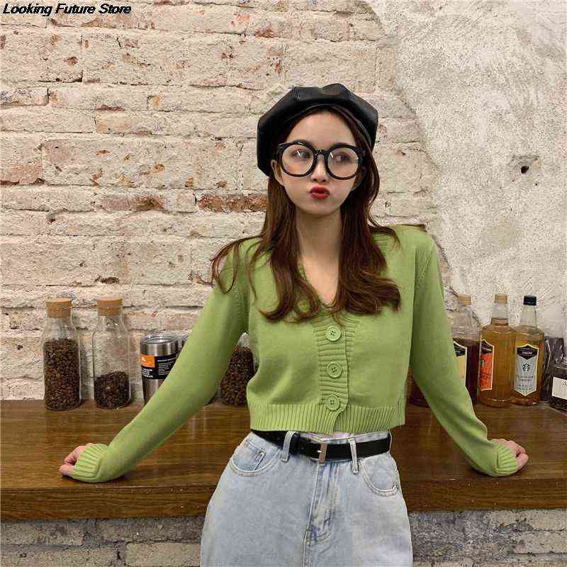 Knitted Crop Cardigan Women Korean Short Sweater Long sleeve V neck Cardigan Green Blueexpose Waist Women Clothing 211109