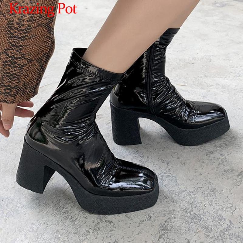 Boots Krazing Pot Patent Sheep Leather Square Toe Sexy Nightclub Super High Heels Pleated Platform Zip Stretch Mid-calf L9f2, Black
Boots Krazing Pot Patent Sheep Leather Square Toe Sexy Nightclub Super High Heels Pleated Platform Zip Stretch Mid-calf L9f2, Black