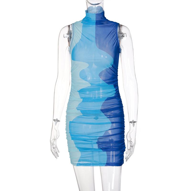 Casual Dresses Sexy See-Through Bag Hip Dress Women Summer Fashion Half High Neck Stitching Contrast Mini Nightclub Party Holiday