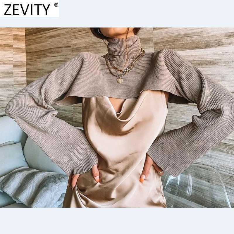 Zevity Women High Street Turtleneck Collar Solid Loose Knitting Sweater Female Long Sleeve Chic Pullovers Autumn Wrap Tops S484 210603