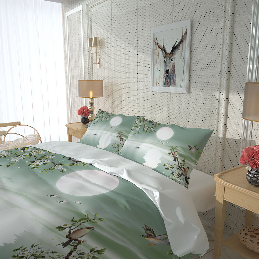 Single Full Double Bed Linen Flat Sheet fresh green moon bedding set 3D Bedding Sets
