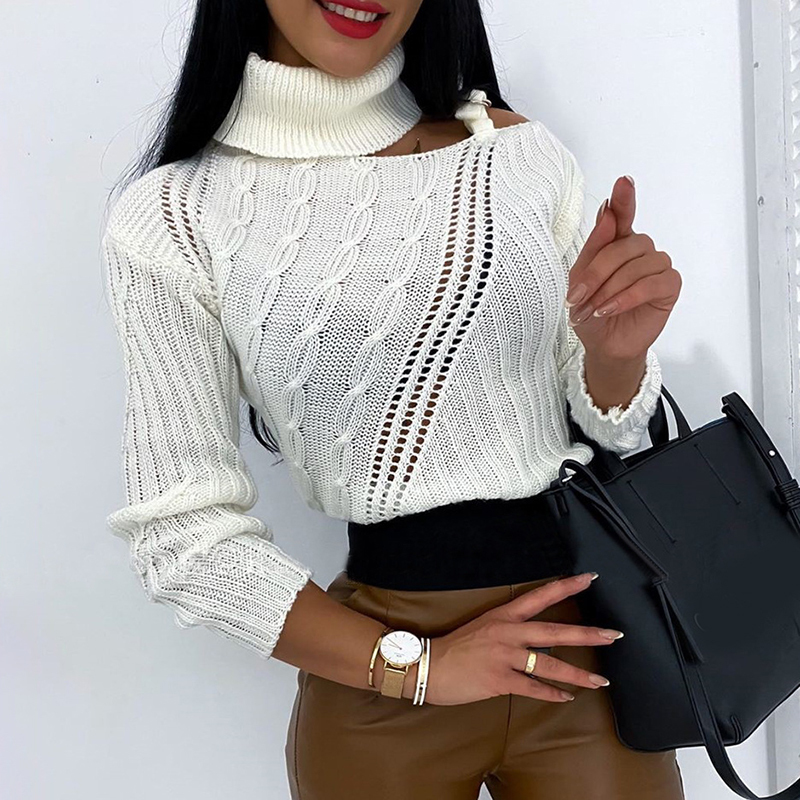 TWOTWINSTYLE Elegany Asymmetrical Women Sweater Turtleneck Long Sleeve Hollow Out Irregular Striped Knitting Sweaters For Female 210218