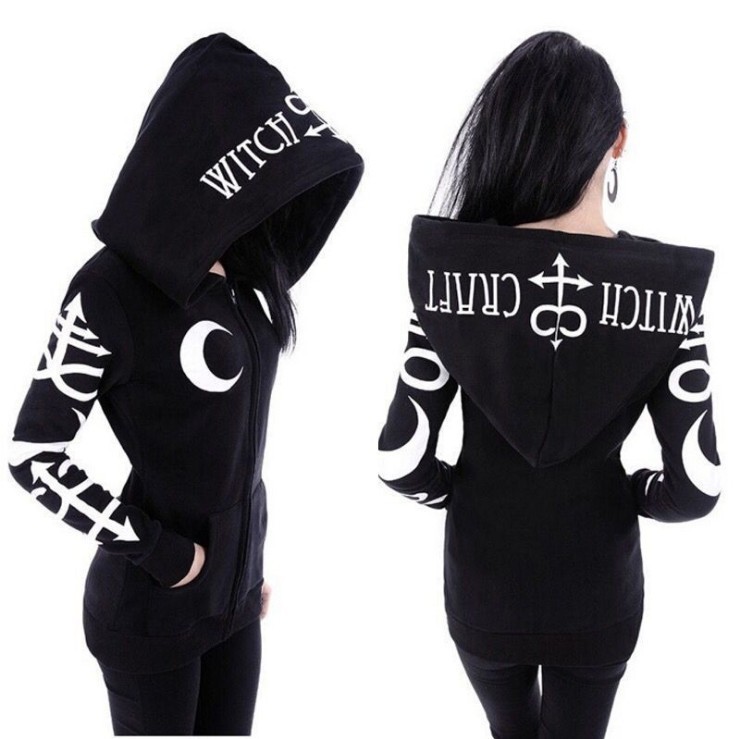Rosetic Goth Hooded Black Hoodie Women Gothic Casual Moon Print Chic Black Hoodies Plus Size Fashion Streetwear Sweatshirt 201202
