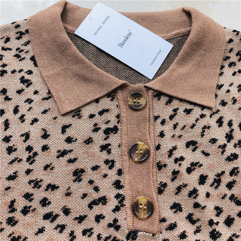 Bazaleas Fashion Knitted Crop top Vintage Cropped tshirt women Retro Leopard Women Tshirt harajuku Tee Drop shipping T200110