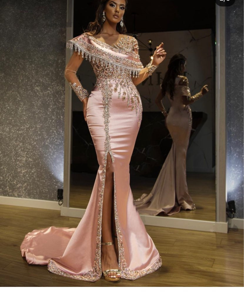 Crystals Beads Satin Evening Dresses Dubai Arabic Abiye peach pink illusion long sleeve mermaid Formal Prom Party Gowns With Split