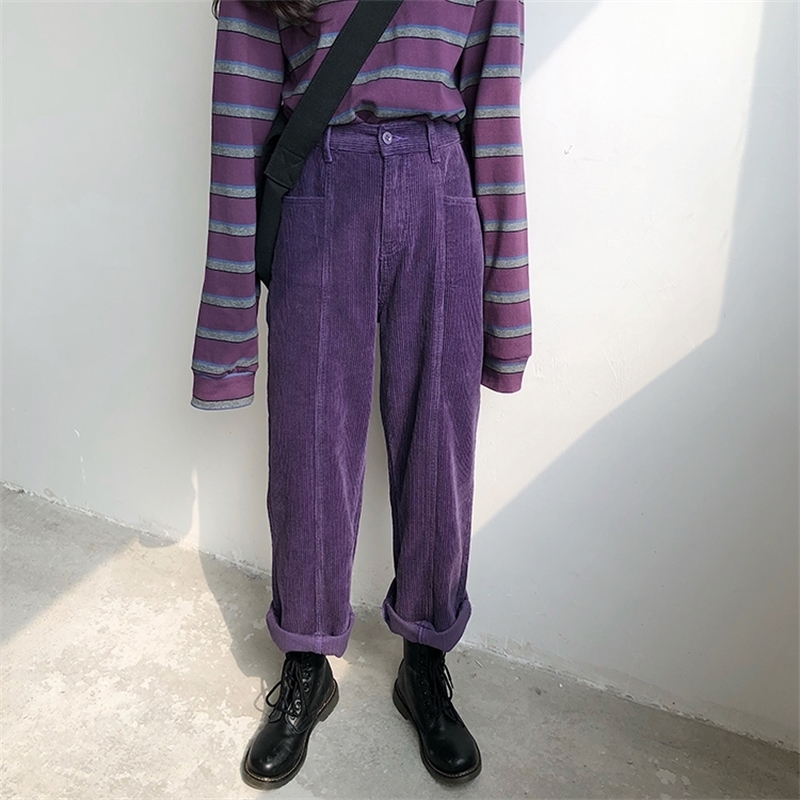 Women's Purple Corduroy Wide Leg Pants: High-Waisted, Loose Trouser For Autumn And Winter B4