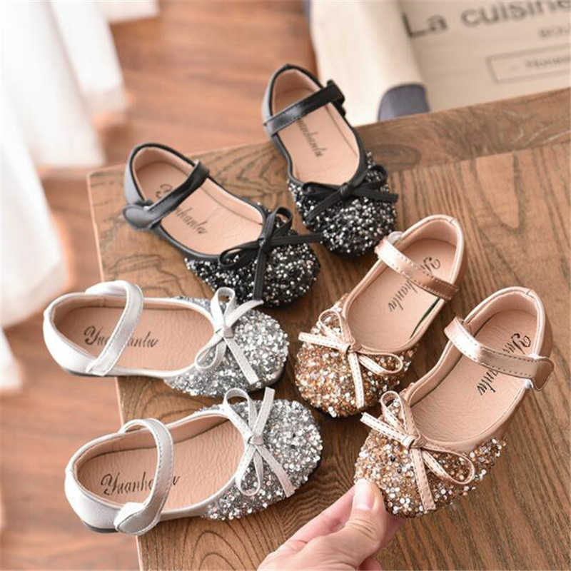 2021 spring new fashion girls' shoes princess shoes bowknot Sequin soft sole antiskid children's performance shoes X0703