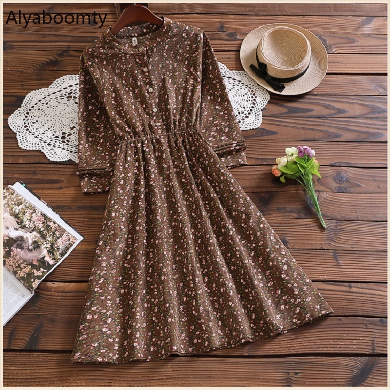 Mori Girl Spring Autumn Women Corduroy Dress 29 Patterns Casual Elastic-Waisted Vintage Vestidos Long Sleeve Korean Sweet Dress 210309