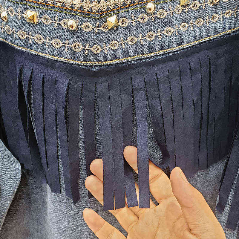 Denim Jacket Korean Floral Embroidery Suede Fringe Loose Chaquetas Mujer Coat Long Sleeve Outerwear Jacket Women Veste Femme 211117