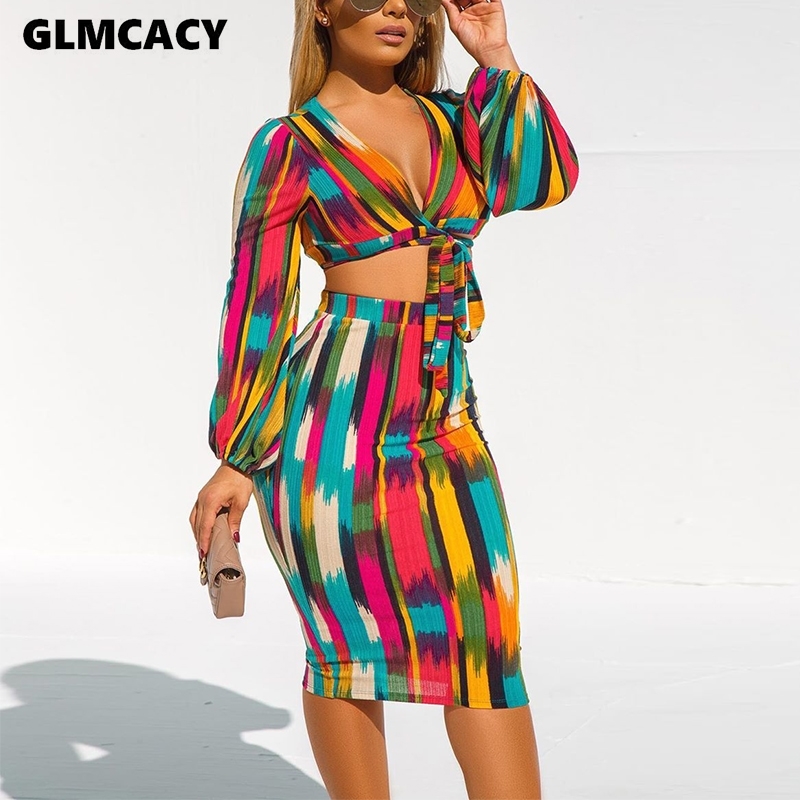 Women Long Sleeve Tie V Neck Crop Top and Midi Skirt Set Sexy Two Pieces Party Clubwear Elegant Boho Beachwear 210708