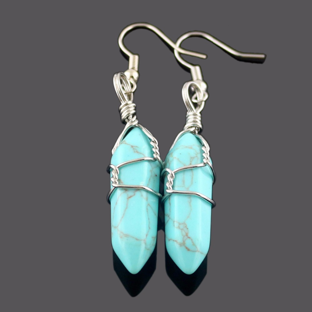 Wired Wrap Bullet Earrings Natural Amethysts Opal Turquoises Quartz Dangle Earrings Healing Reiki Stone Pendulum Earrings Women