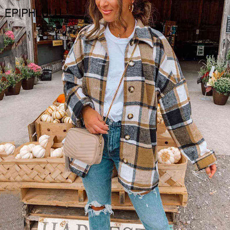 Autumn Plaid Jacket Women Overshirt Long Checkered Jacket Woman Female Long Sleeve Winter Shirt Jackets Coats For Women 211117