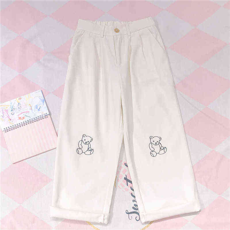 Japanese Kawaii Women Harajuku Korean Teen Girls Loose Thin Bear Embroidery Pants Wild Casual Female Cute Small Fresh Pant 211115