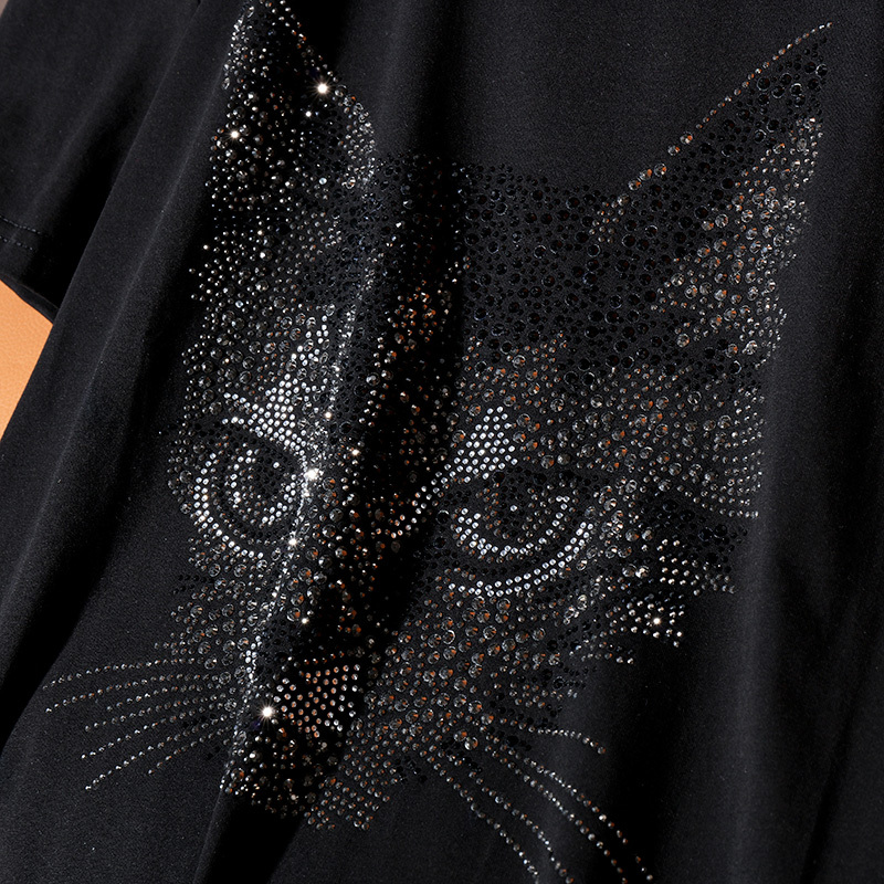 Summer new fashion loose plus size short-sleeve T-shirt for women casual personality cat pattern hot diamonds female tops 210306