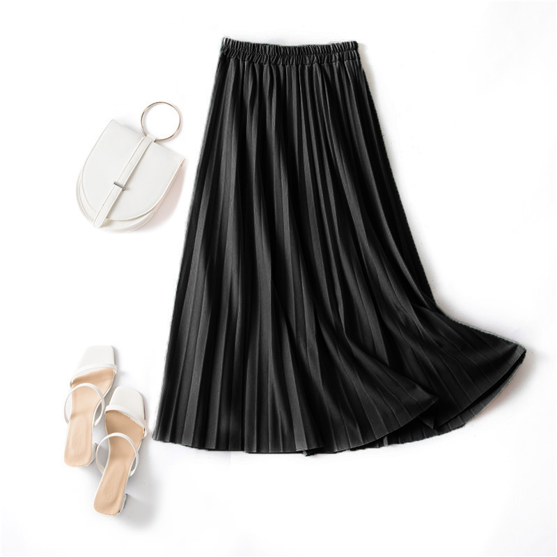 Women Solid Casual Pleated Skirt Spring Summer New Elegant Hight Waist Korean Long Skirts Fashion A Line Skirts For Female 210415