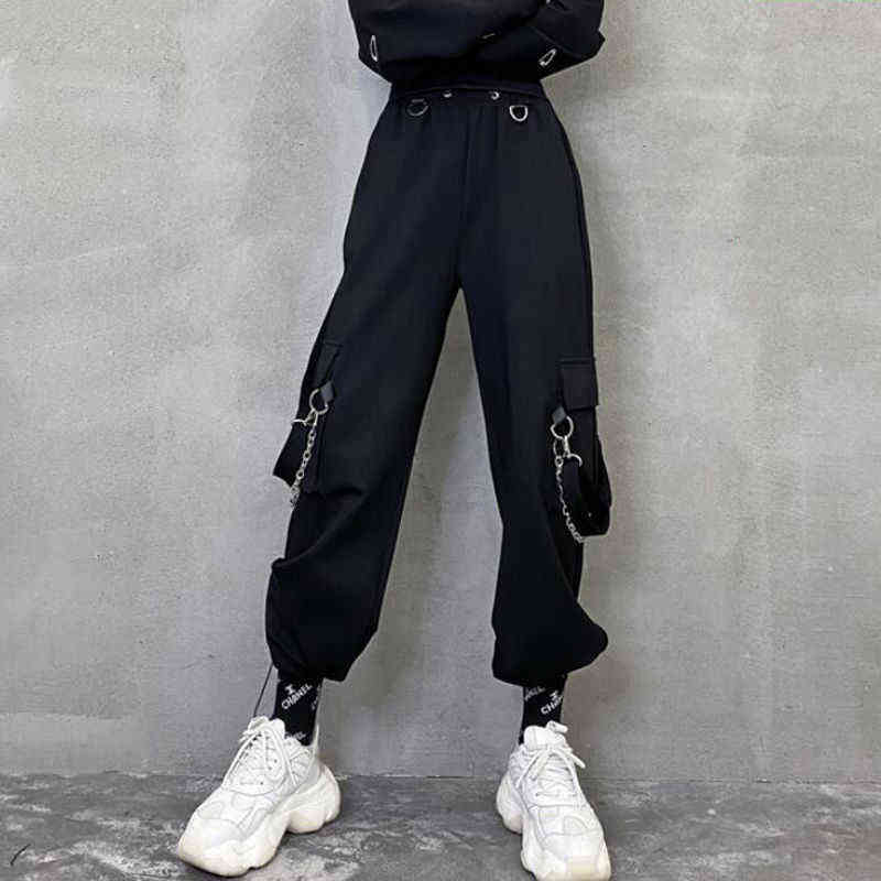 QWEEK Punk Oversized Cargo Pants Women Gothic Streetwear Black Chain Harajuku Hippie Korean Street Style Trousers Female Hip Hop 211115