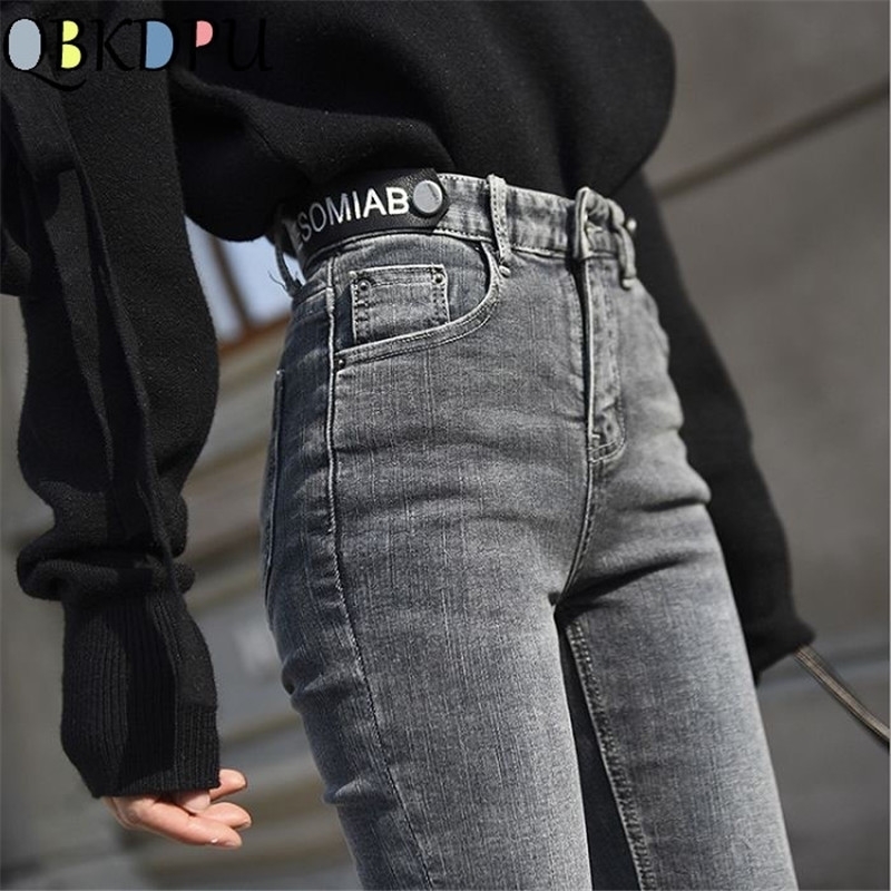 High Waist Ripped Skinny Pencil Jeans Women Plus Size Gray Mom Stretch jeans Ladies Denim Pants Fashion Letter Decoration mujer T200608