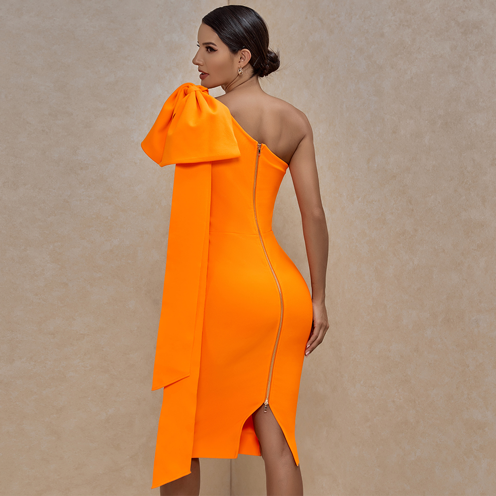 Ocstrade Runway Bownot One Sleeve Bandage Dress Women Sexy One Shoulder Bandage Dress Bodycon Orange Club Party Dress 210303