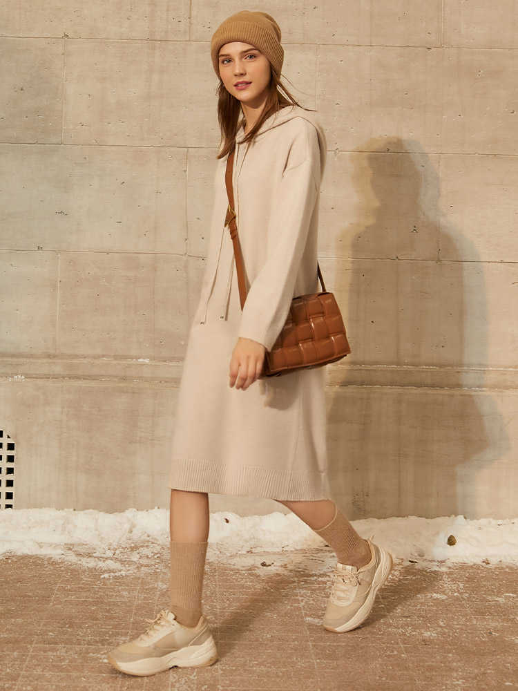 Minimalism Autumn Winter Dresses For Women Fashion School Style Hooded Knitted Sweater Causal Female 12070561 210527