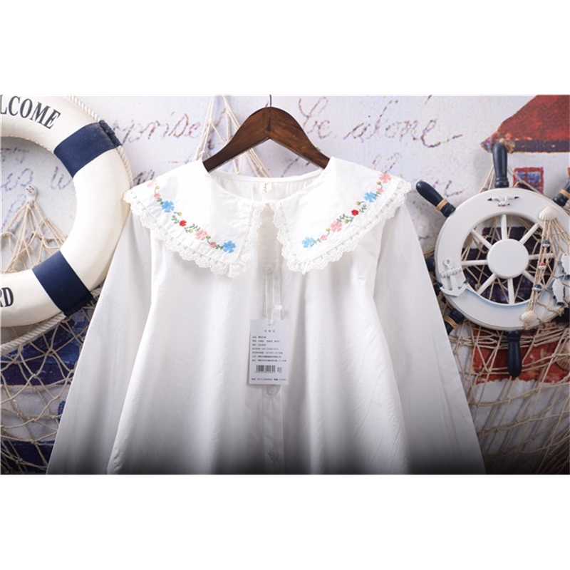 camiseta bohemia mujer white blouse women tops autumn spring Japanese style kawaii long sleeve embroidery solid shirt 210225
