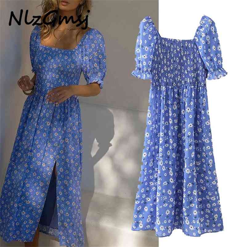 Dres Summer Blue Print Short Sleeve Midi es Woman Ruched Elegant Split Vestidos Female 05 210628, As picture
Dres Summer Blue Print Short Sleeve Midi es Woman Ruched Elegant Split Vestidos Female 05 210628, As picture