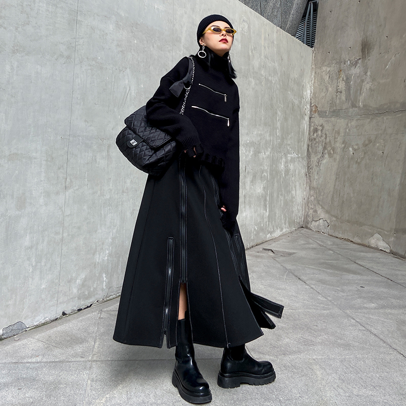 [EAM] High Waist Black Brief Zipper Spliced Long Split Joint Half-body Skirt Women Fashion Tide New Spring Autumn 2021 1DD1712 210309