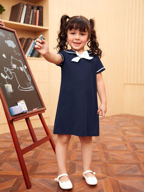 Toddler Girls Sailor Collar Knot Front Tunic Dress SHE
