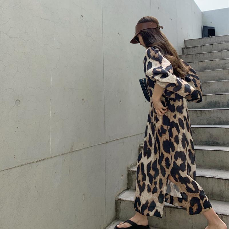 Casual Dresses Vintage Women Leopard Print Dress Loose V-Neck Three-Quarter Sleeve Maxi Korean Clothing Female Robe Fashion Vestidos