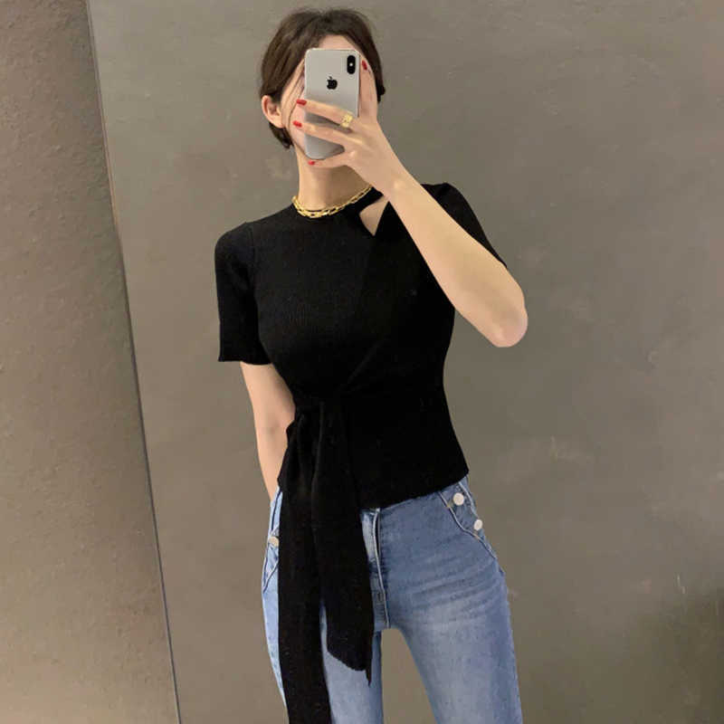 Korejpaa Women Sweater Summer Korean Gentle Round Neck Hollow Slim Fit Waist Belt Irregular Thin Ice Silk Knitted Pullovers 210526