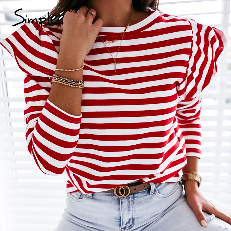Simplee Causal Long Sleeve Red White Striped Tops For Female Autumn Winter Ruffled Base Shirt Streetwear O-neck Women Tops 210302